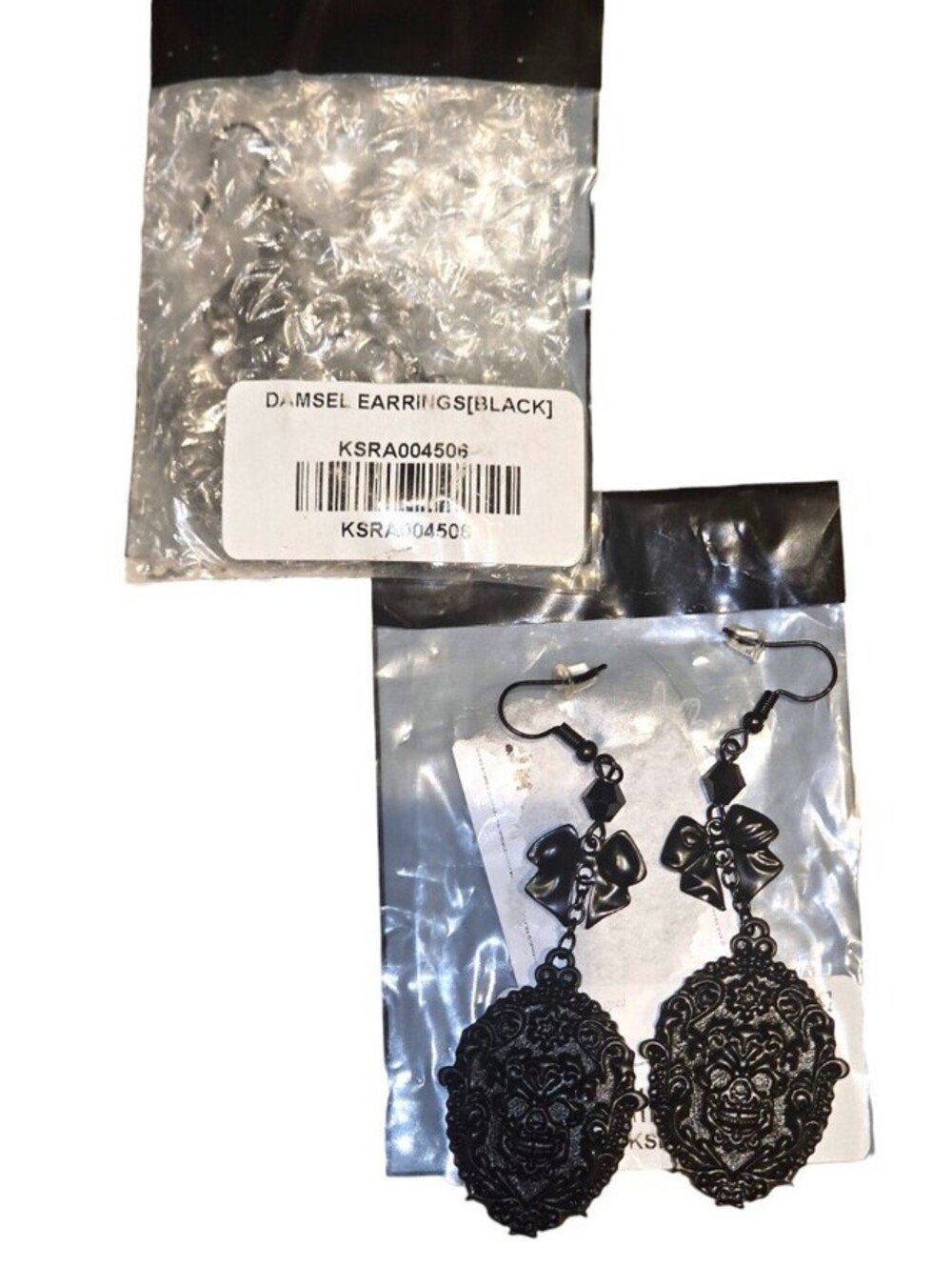 Killstar Damsel Earrings Madame Morte Filigree Skull Bow Detail Black Metal NEW